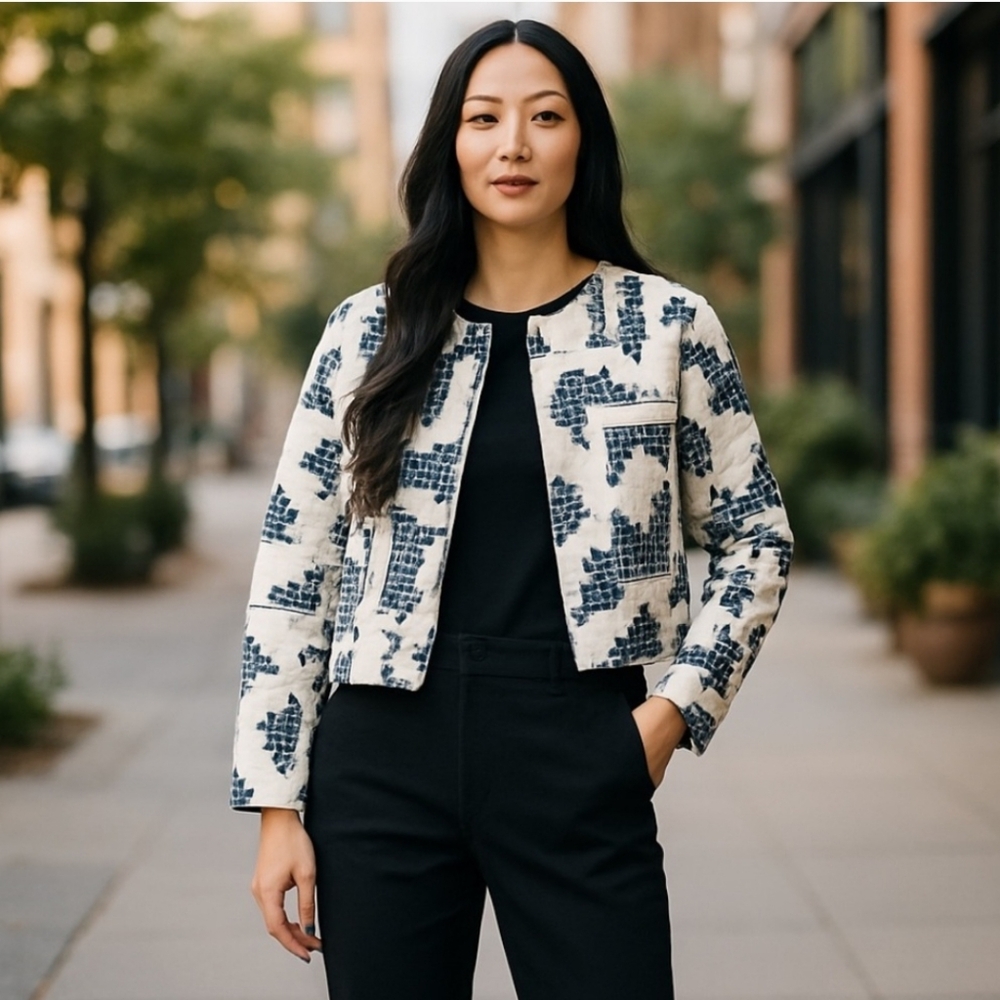 HOUSE OF HARLOW 1960 | Women's Navy/White Linen Blend Quilted Open Jacket